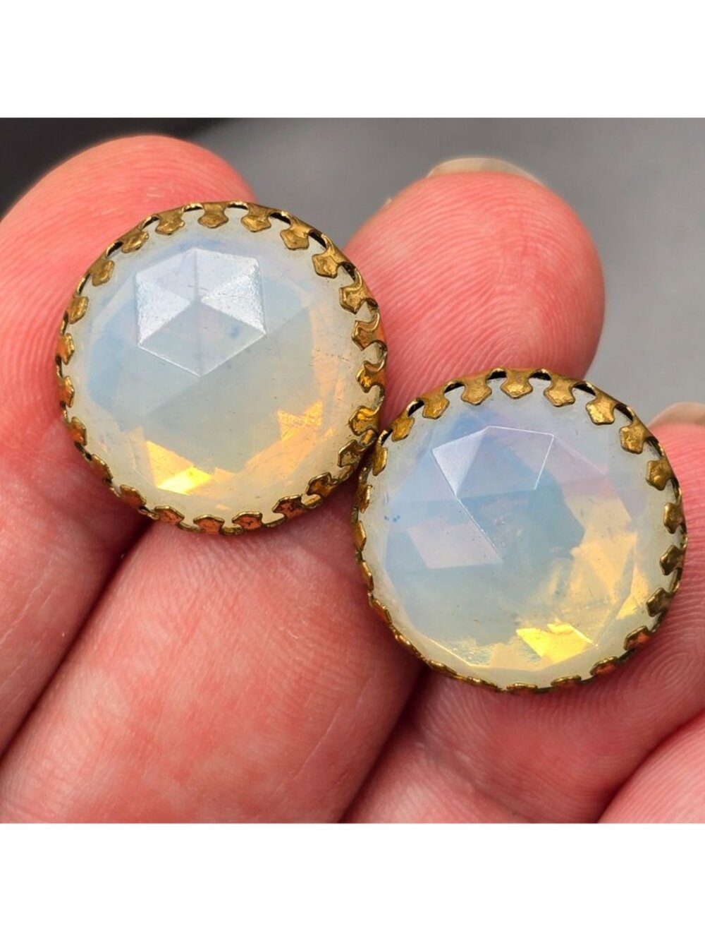 Vintage Moonstone Earrings Ornate Flame Prong Set Gold Tone Upcycled Jewelry - Picture 9 of 10